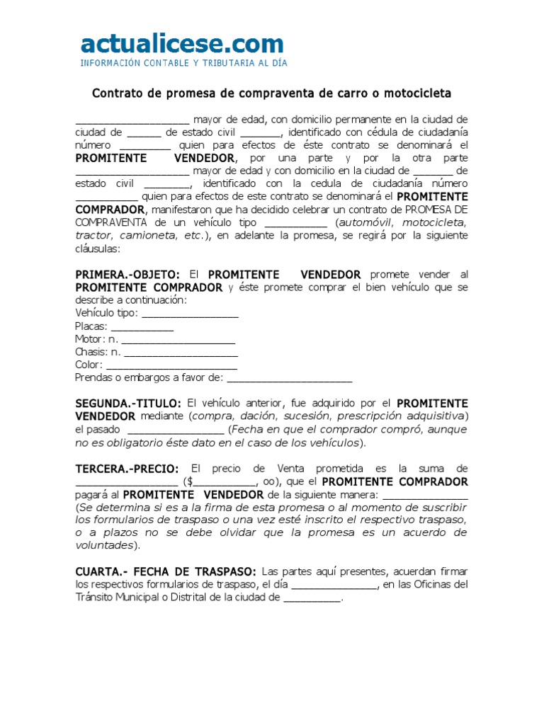 Contrato De Promesa De Compraventa De Vehiculo O Motocicleta