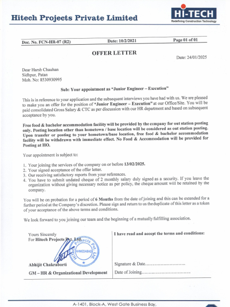 Offer Letter - Harsh Chauhan | PDF