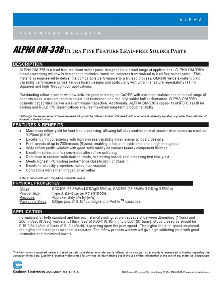 Alpha Om338 Teknisk Datablad PDF Solder Industrial Processes