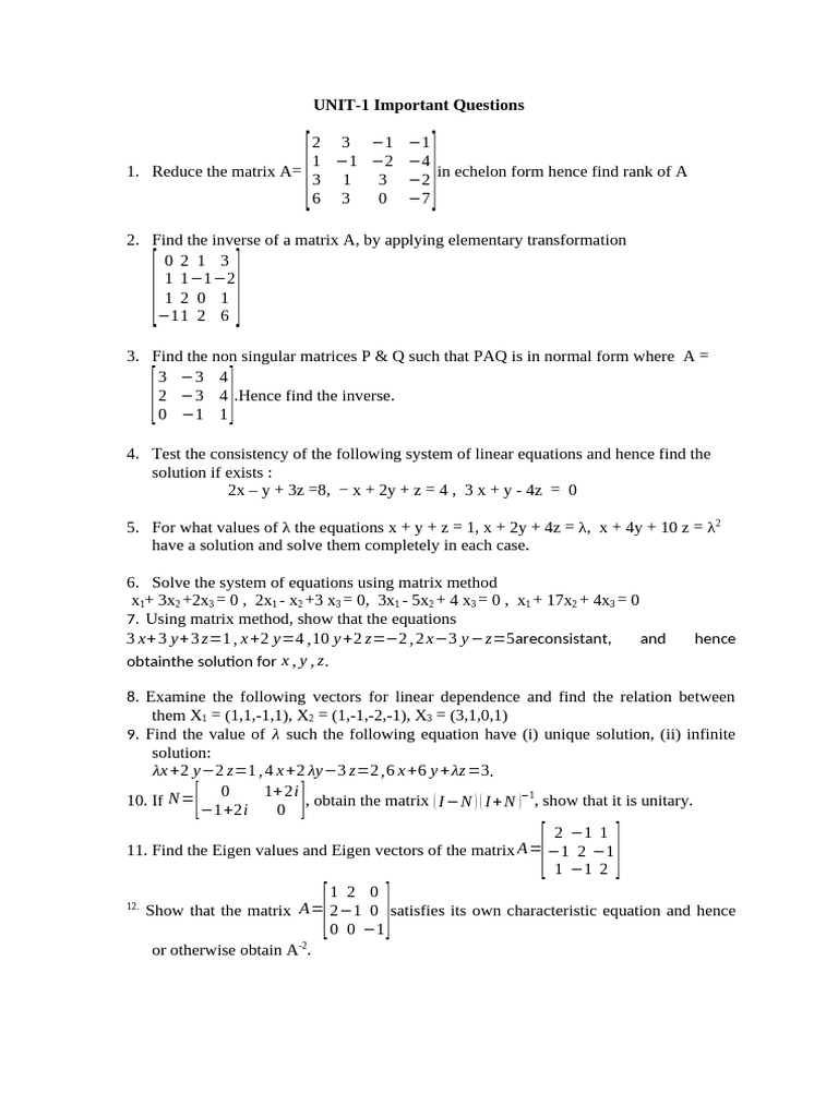 Important Matrix Questions and Solutions | PDF | Eigenvalues And ...
