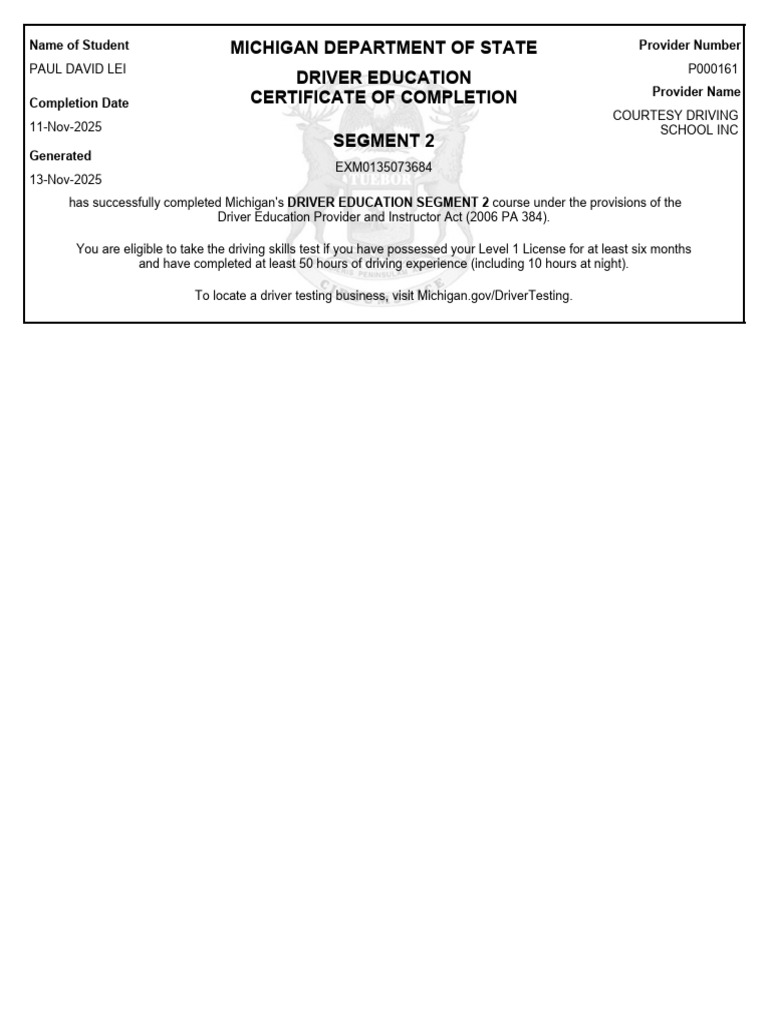 Michigan Department of State Driver Education Certificate of Completion ...