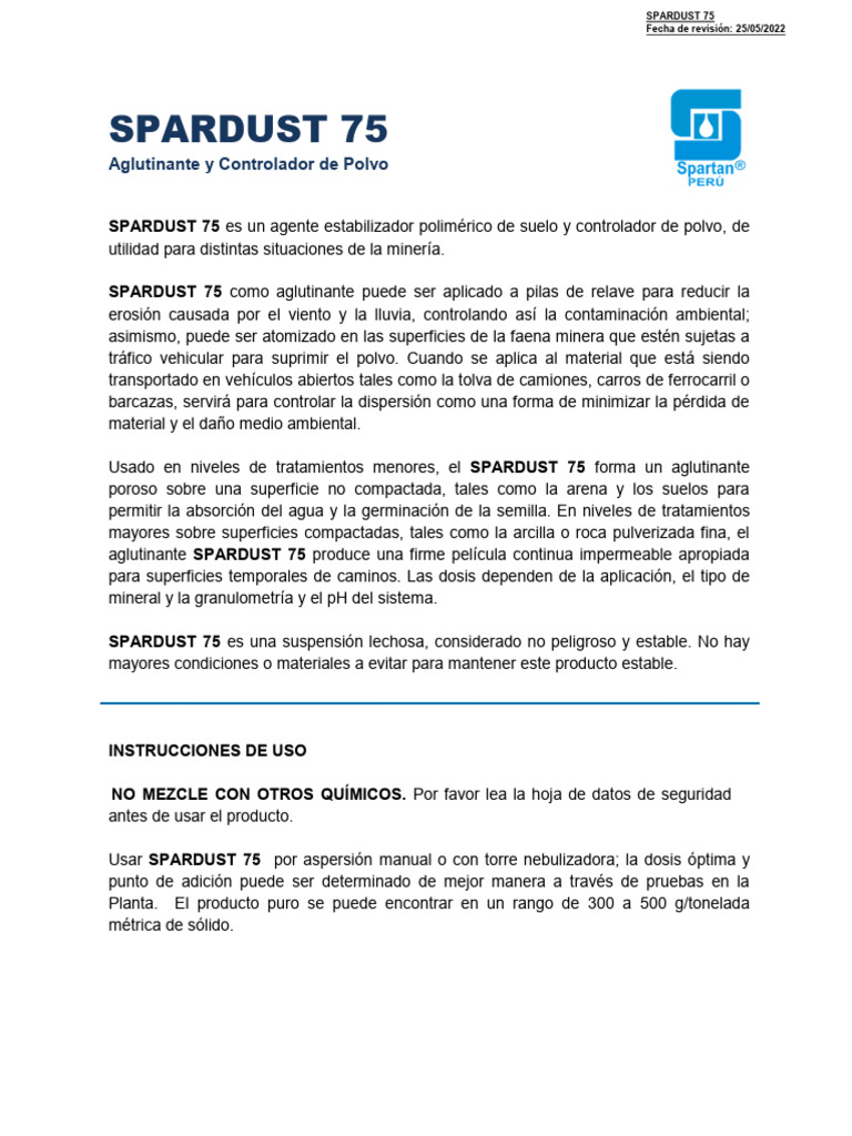Aglutinante y Controlador de Polvo SPARDUST 75 | PDF | Agua | Minería