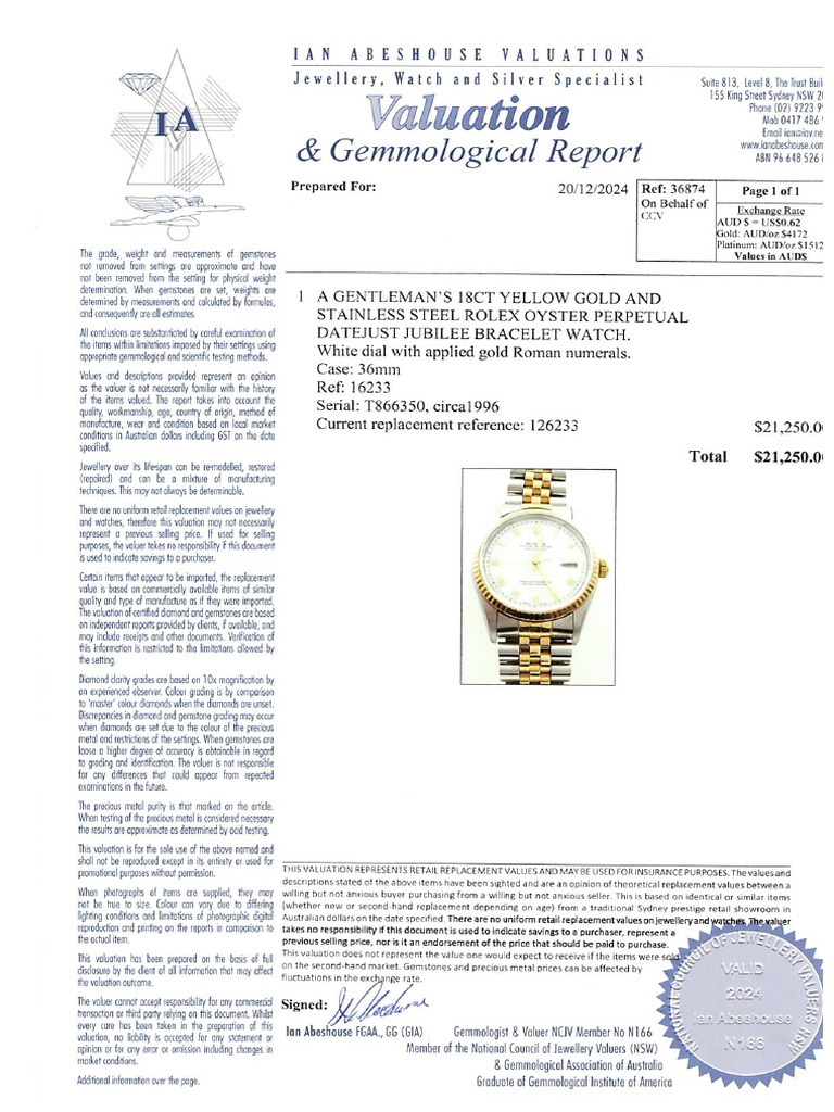 [21250] - [027900418522] - [Rolex Watch Mens 16233 White Roman Dial] | PDF