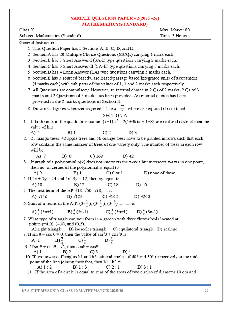 Class 10 Mathematics Sample Paper 2025-26 | PDF | Circle | Area