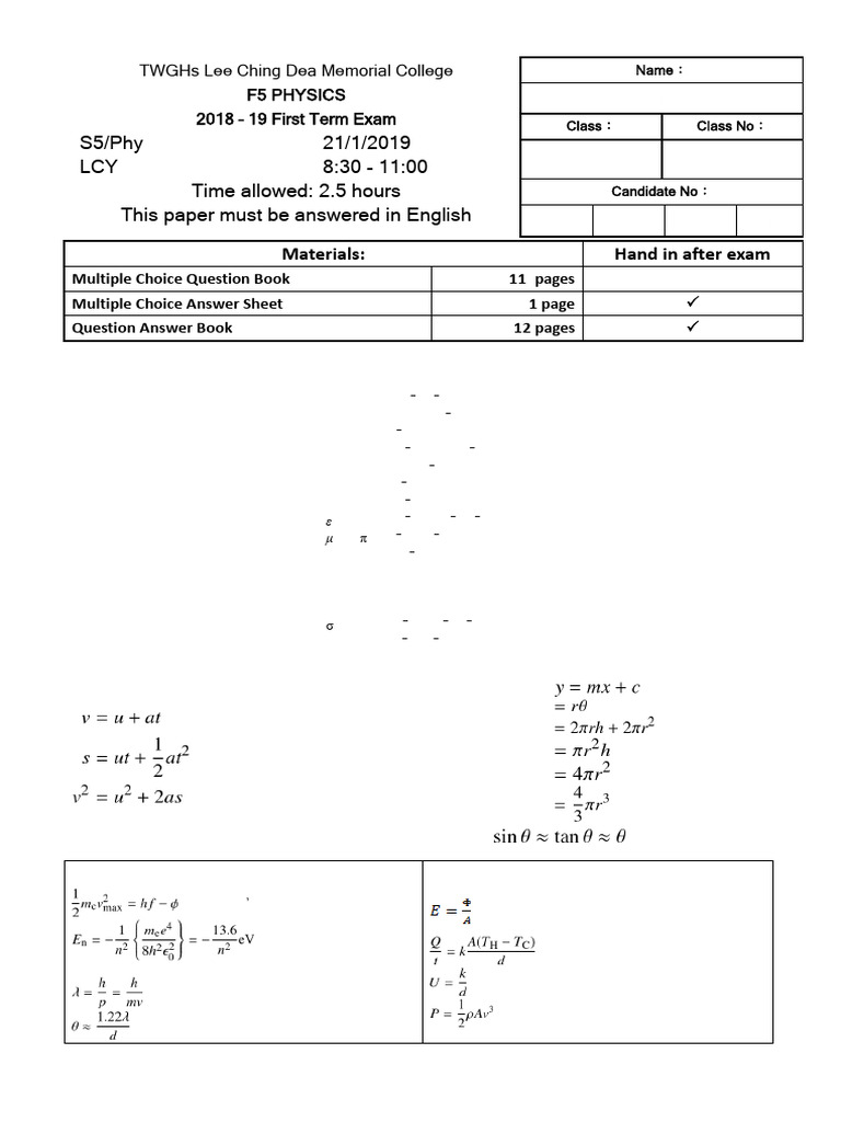 F5 Physics Exam Paper 2018-19 | PDF | Electric Charge | Force