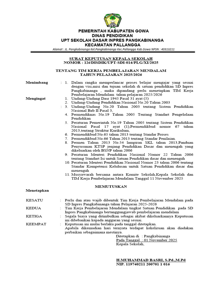 Tim Kerja Pembelajaran Mendalam SD 2025 | PDF