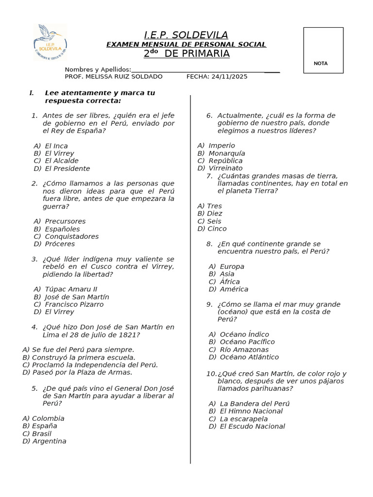 Examen de Personal Social | PDF | Perú | América del Sur