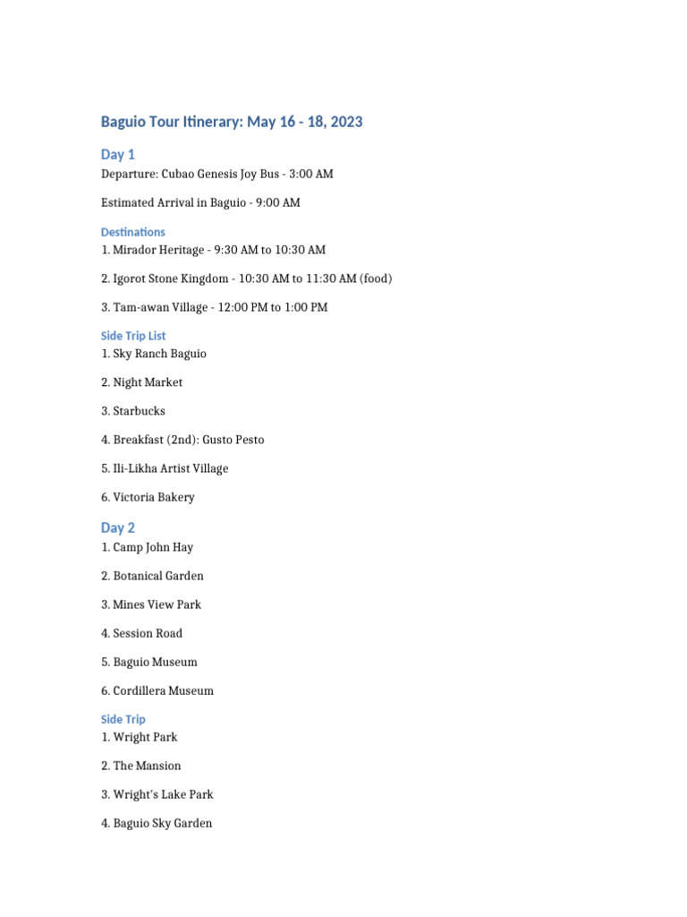 Baguio 3-Day Tour Itinerary Guide | PDF