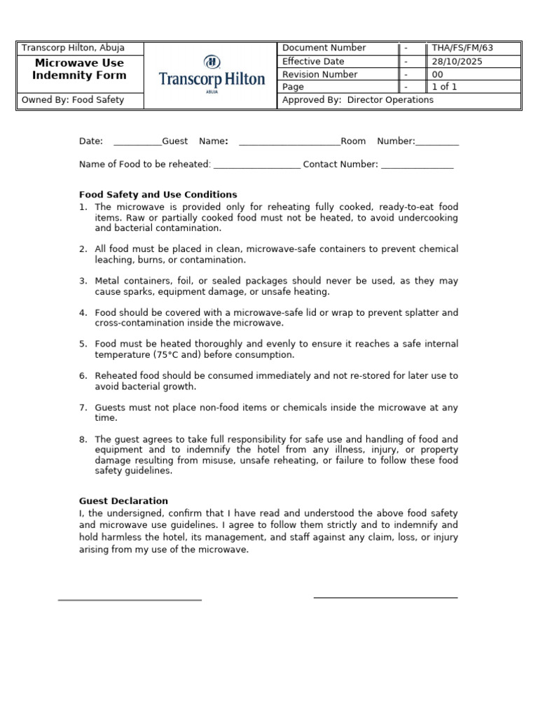 Microwave Safety Guidelines & Indemnity Form | PDF | Indemnity | Food ...