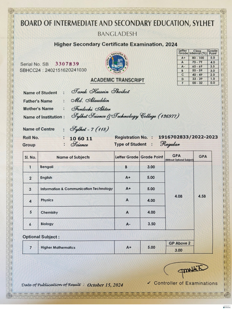 HSC Transcript | PDF