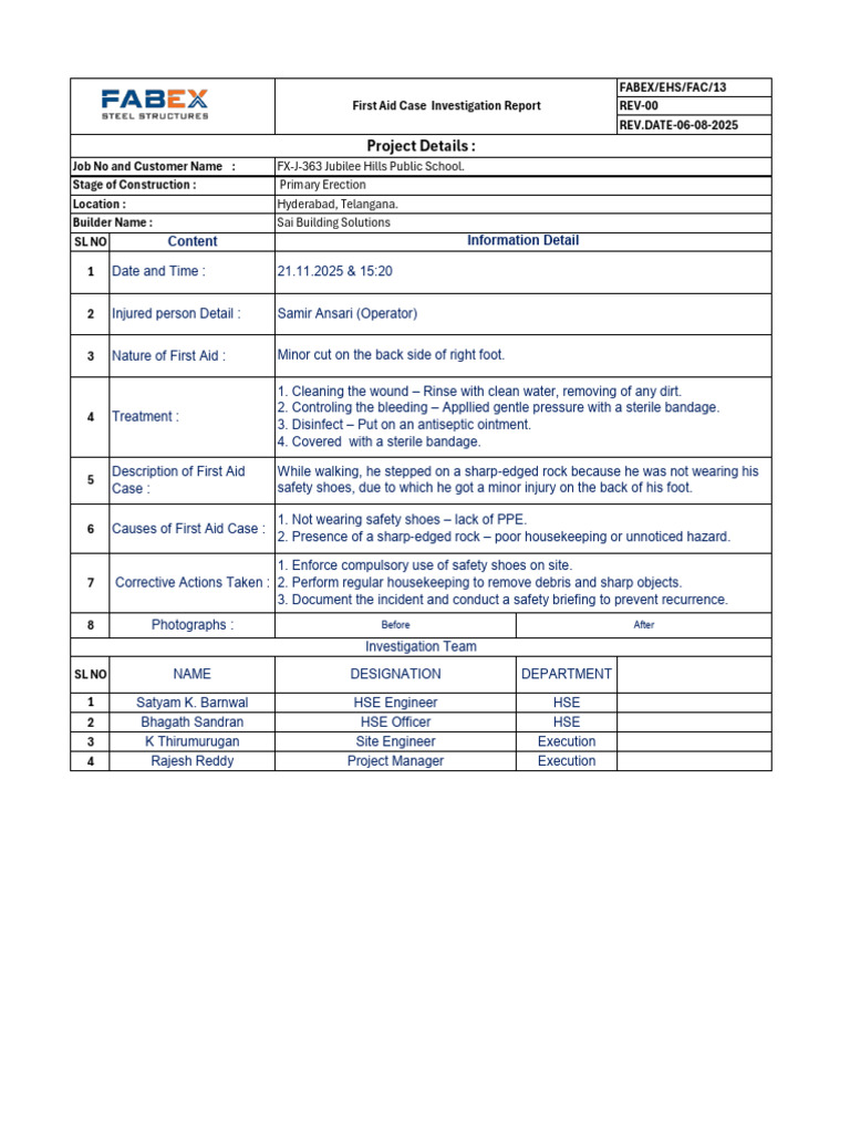 First Aid Investigation Report: Minor Injury | PDF | Hygiene | Safety