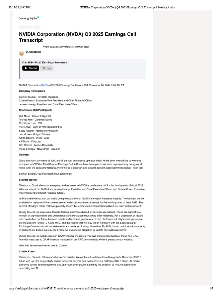 NVIDIA Q3 2025 Earnings Call Summary | PDF | Graphics Processing Unit ...