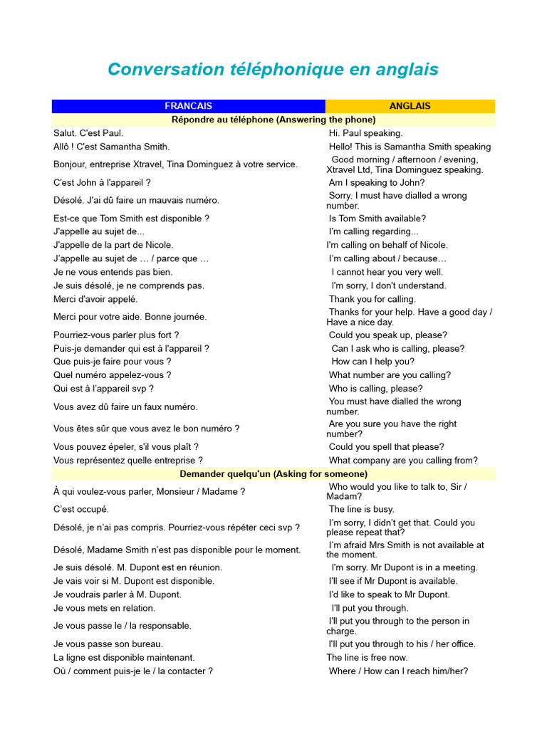Expressions pour converser au téléphone en anglais | PDF
