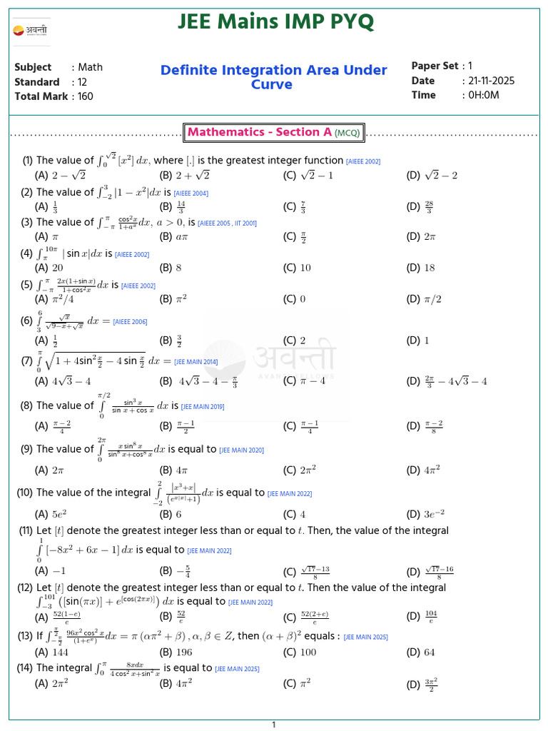 JEE Mains Math PYQ on Integration | PDF | Area | Pi