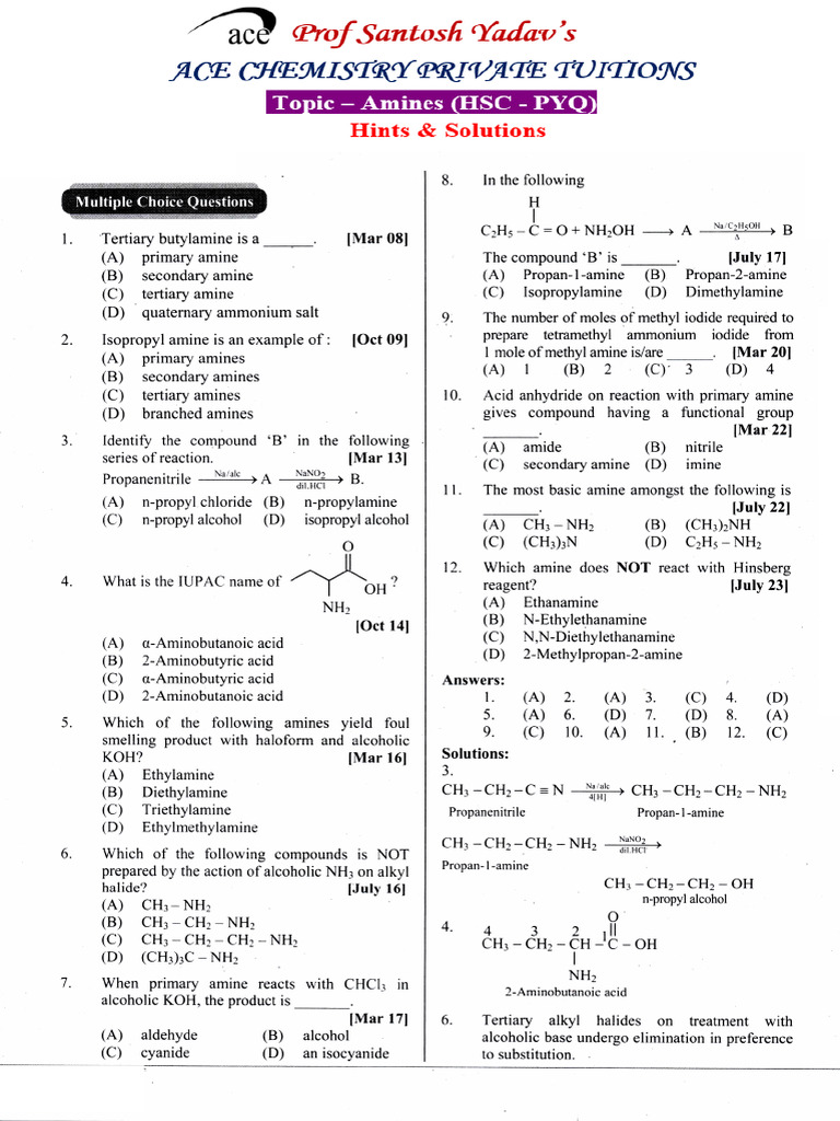 Multiple Choice Questions on Amines | PDF | Amine | Chemical Substances