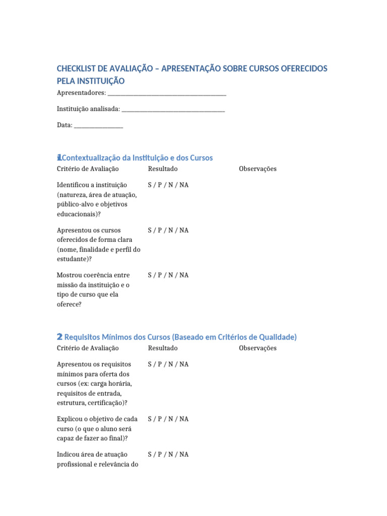 Checklist de Avaliação de Cursos Institucionais | PDF