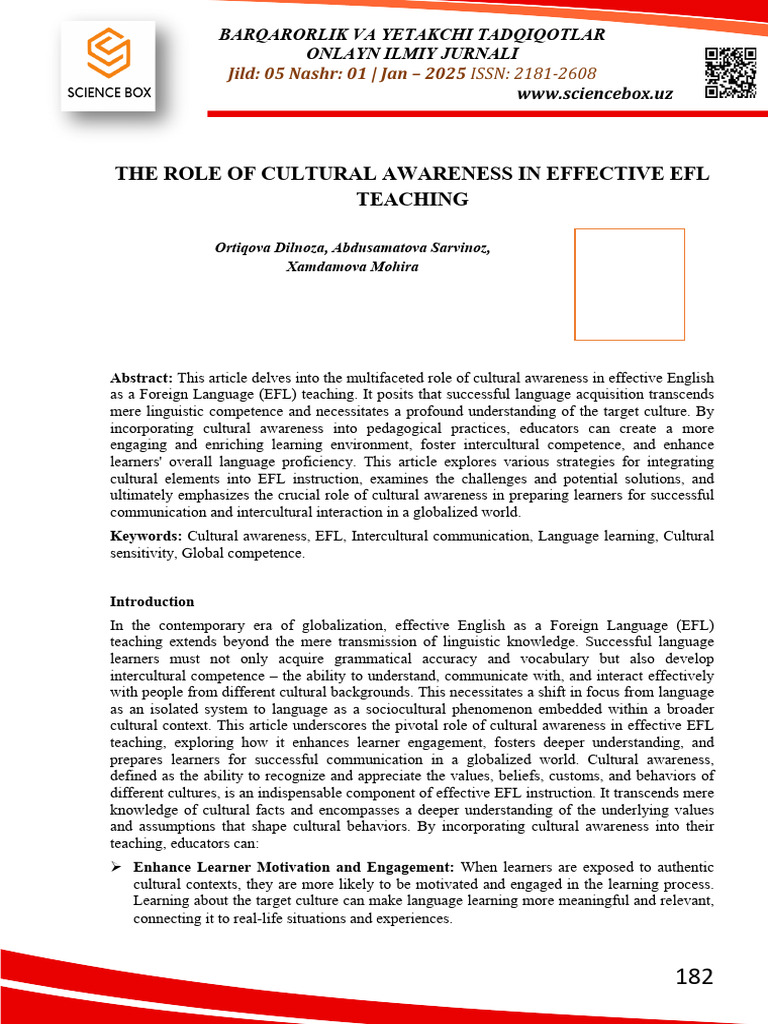 Cultural Awareness in EFL Teaching | PDF | Learning | Cross Cultural ...