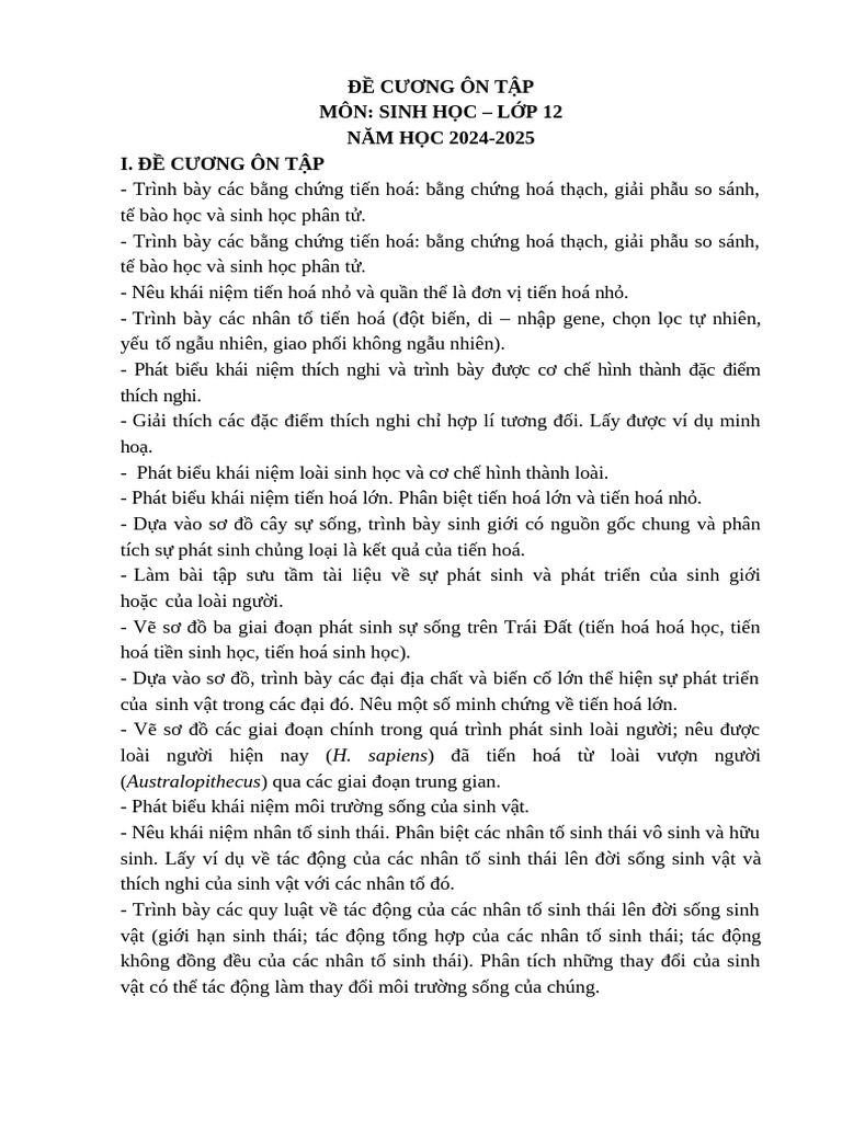 De Cuong On Tap Cuoi Ki II Mon Sinh Hoc 12 26569 | PDF