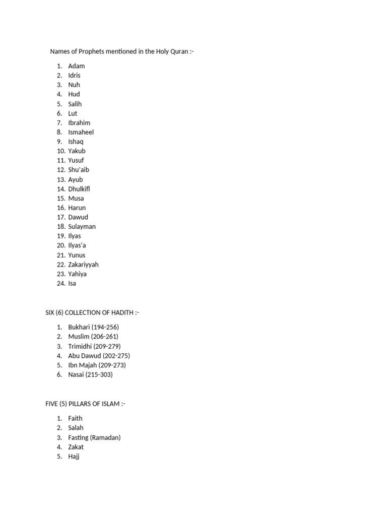 Prophets and Pillars of Islam Overview | PDF