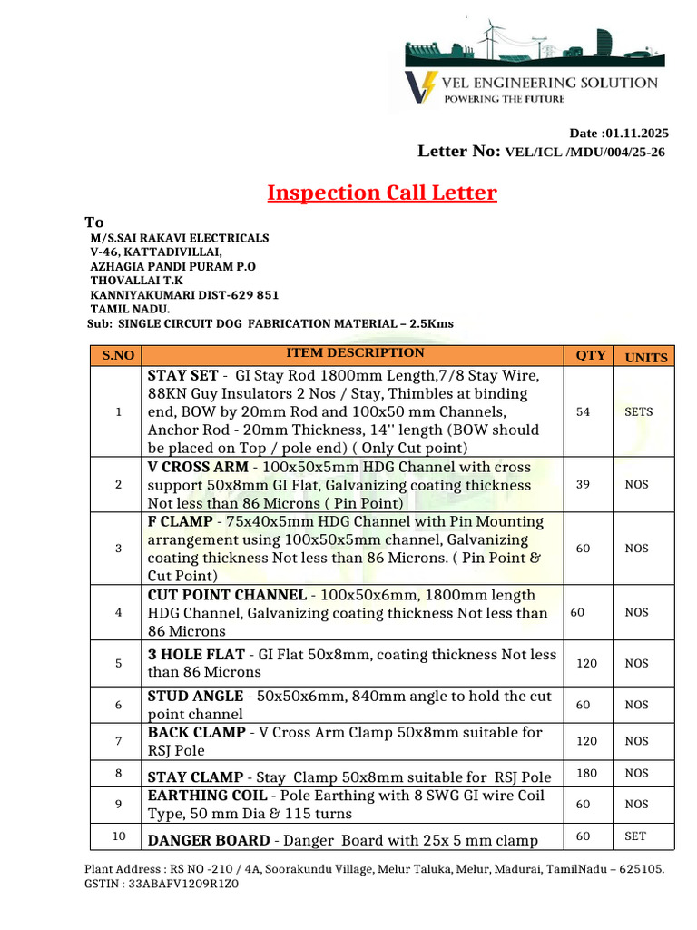 Inspection Call for Electrical Materials | PDF | Electricity ...