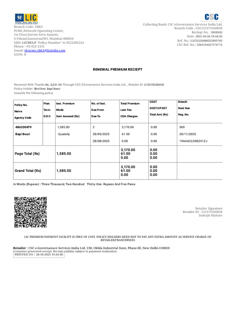 LIC Renewal Premium Receipt Details | PDF | Service Industries | Payments