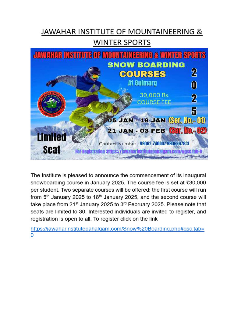 Snowboarding Course at Jawahar Institute | PDF