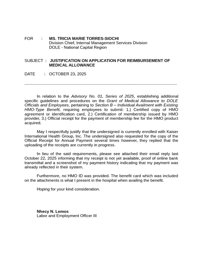 Medical Allowance Reimbursement Justification | PDF