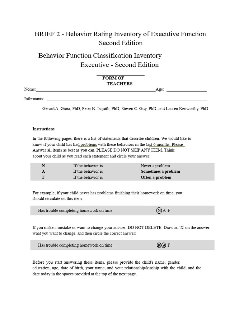 Executive Function Behavior Rating Form | PDF | Psychological Concepts ...