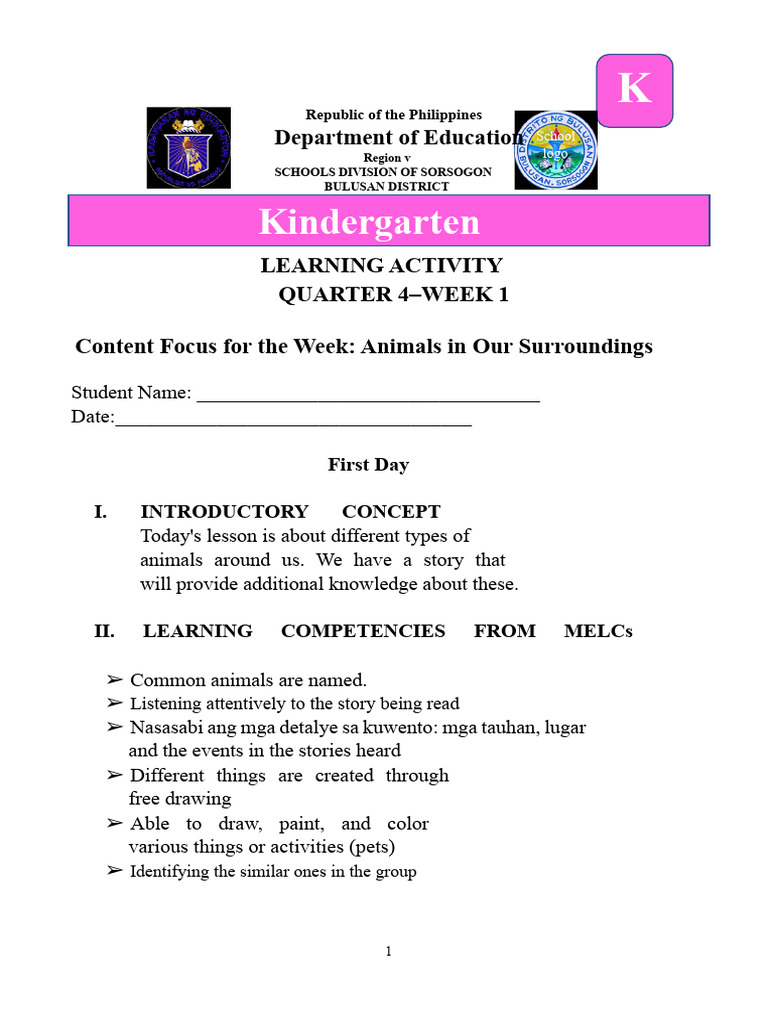 Kindergarten Animals Learning Activities | PDF
