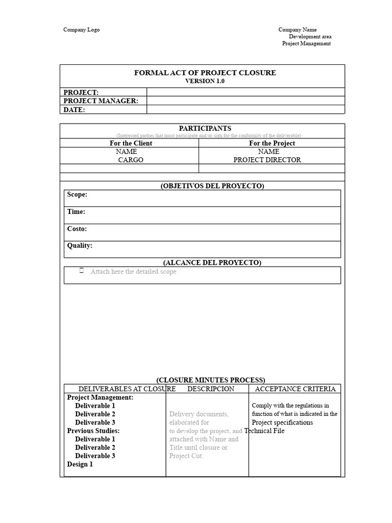 Project Closure Formal Act Template | PDF | Project Management ...