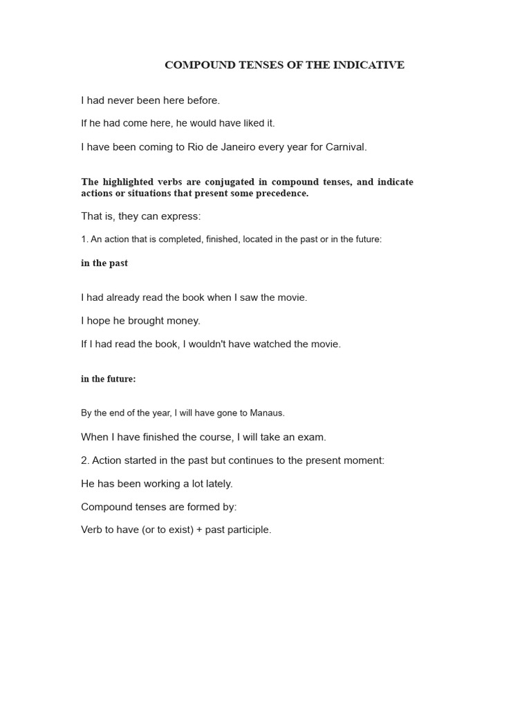 Compound Tenses of the Indicative | PDF | Grammatical Tense | Perfect ...