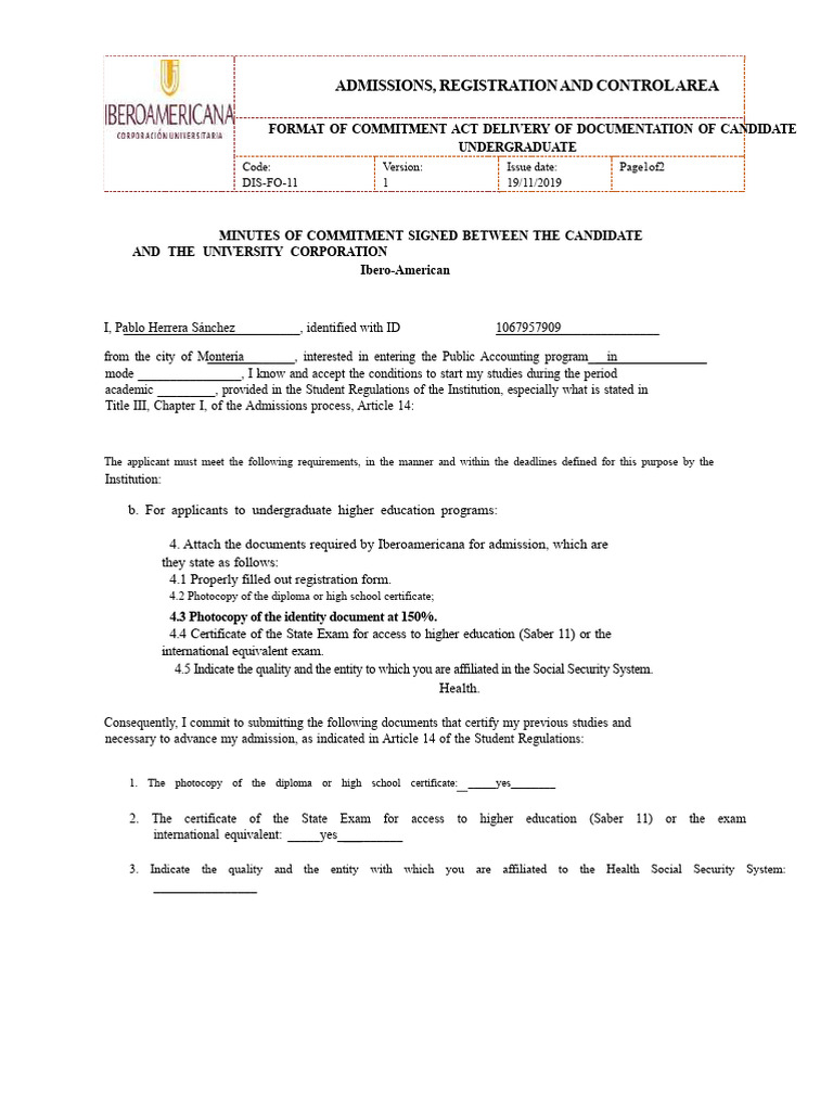 Format of Commitment Act Undergraduate Ibero | PDF | University And ...