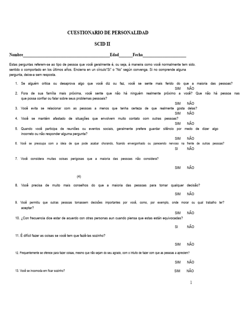 QUESTIONÁRIO DE PERSONALIDADE SCID II | PDF | Ciências comportamentais ...