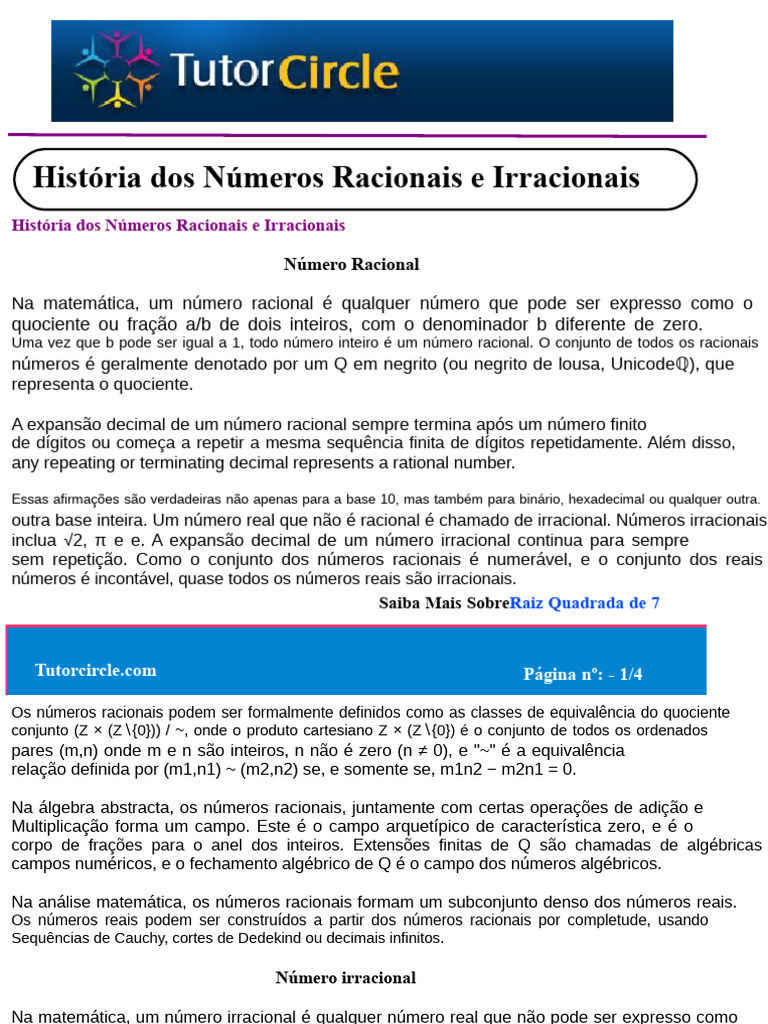 História dos Números Racionais e Irracionais | PDF | Número racional ...