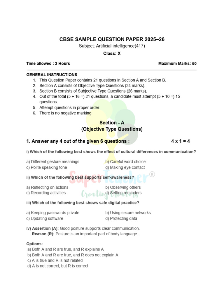 CBSE Class X AI Sample Paper 2025-26 | PDF | Artificial Intelligence ...