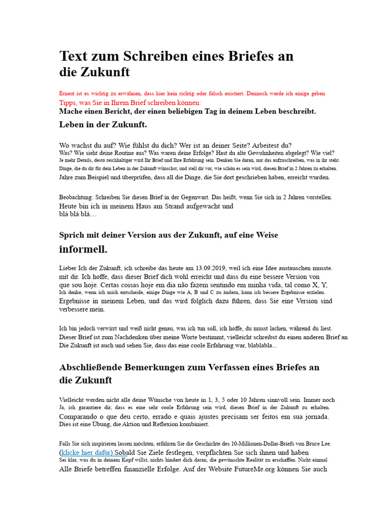 Text Zum Schreiben Eines Briefes An Die Zukunft | PDF