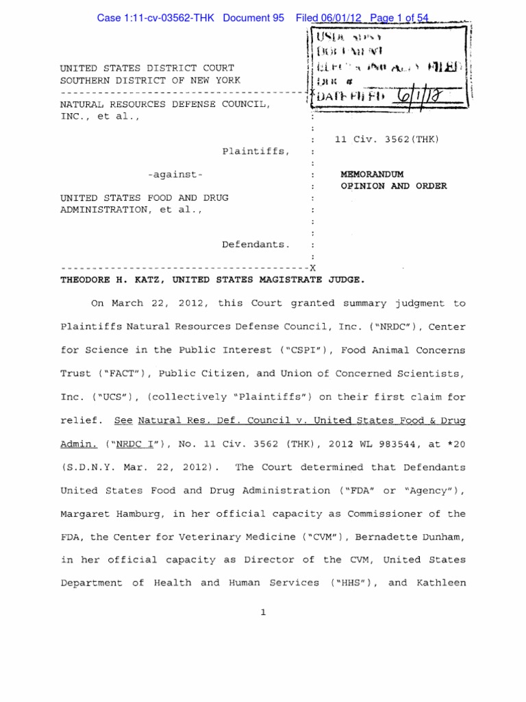 Memo of Opinion On Remaining Claim in NRDC v. FDA 1:11-cv-03562 | PDF ...