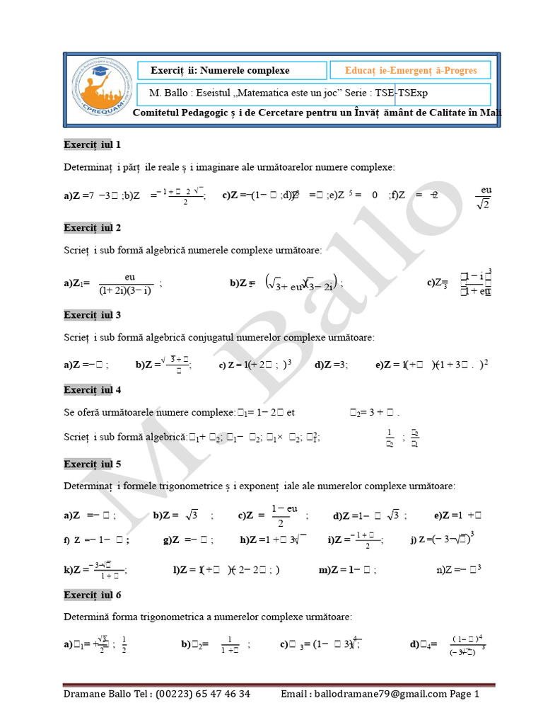 CPREQUAM Exerciții Numere Complexe | PDF
