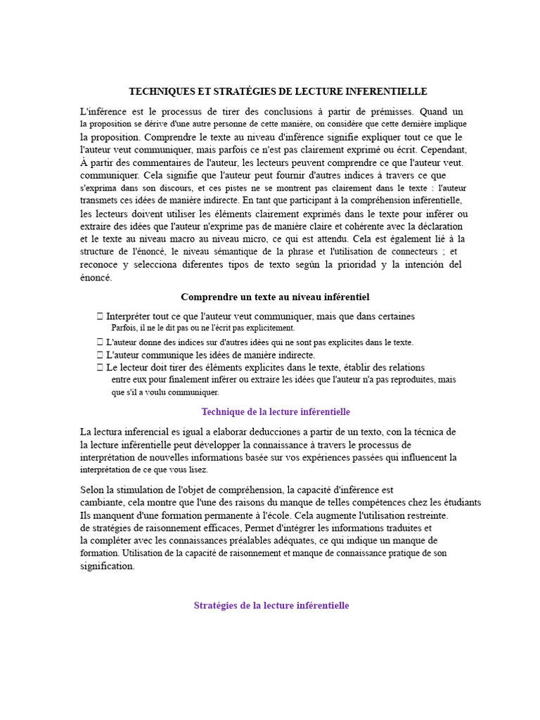 Techniques Et Stratégies de Lecture Inférentielle | PDF | Cognition ...