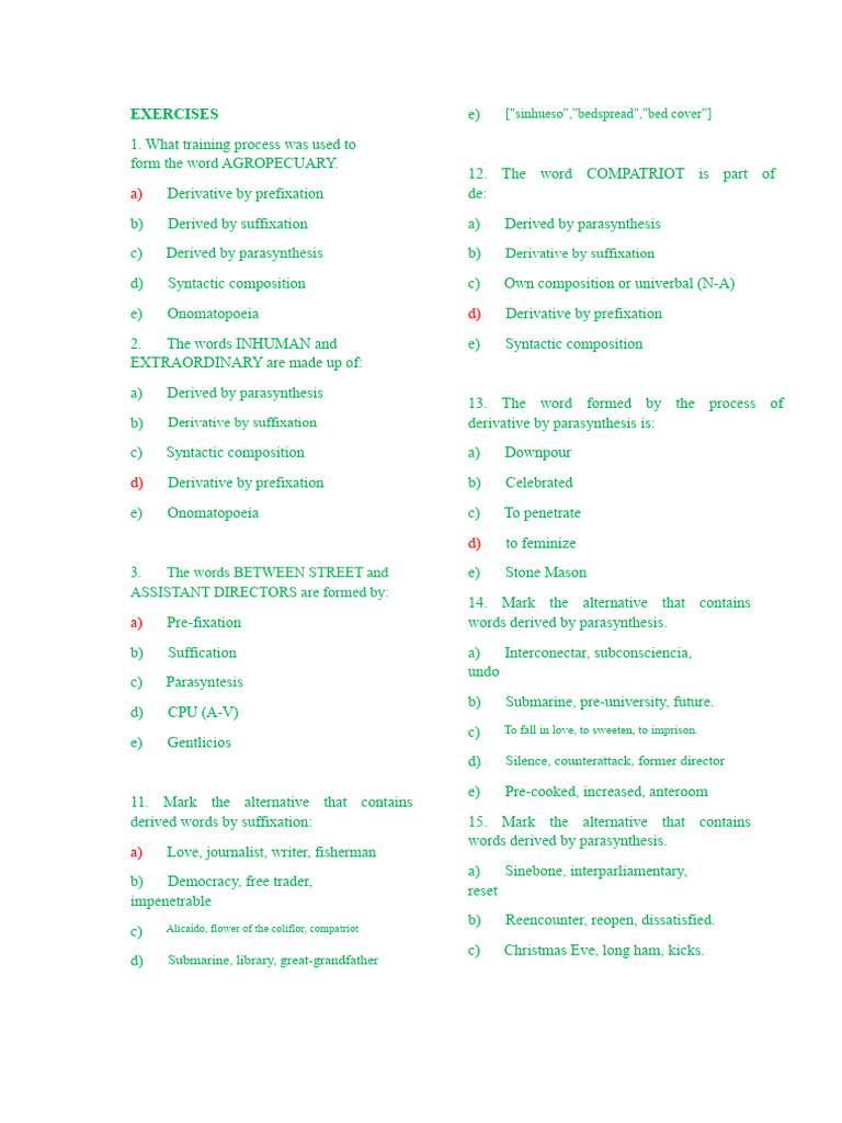 Word Formation Processes Exercises | PDF | Morphology (Linguistics ...