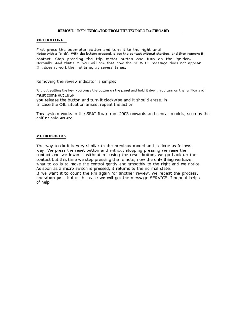 Remove INSP Indicator from VW Polo | PDF
