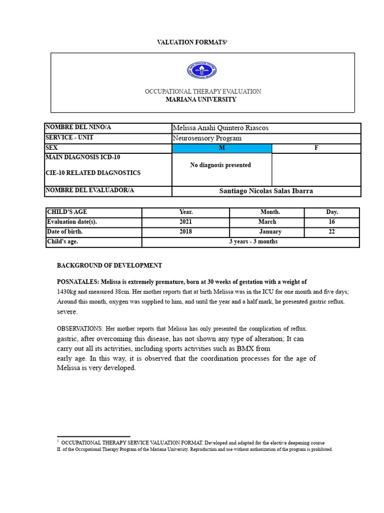 Occupational Therapy Evaluation for Child | PDF | Perception | Attention