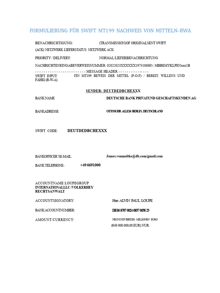 Eingetragene Formulierung Für Swift MT199 Rwa | PDF