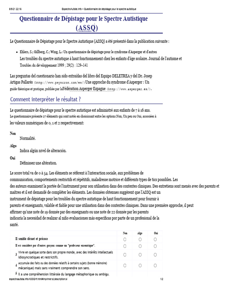 Questionnaire ASSQ pour le dépistage autistique | PDF | Autisme ...