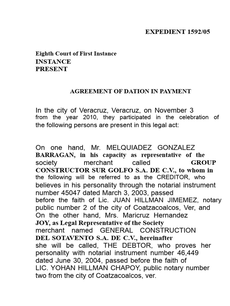 Dation in Payment Agreement Details | PDF | Debtor | Promissory Note