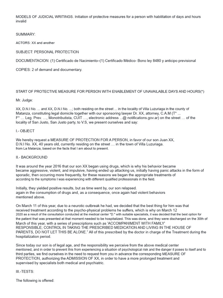 Model Application for Judicial Protection of a Person | PDF | Hospital ...