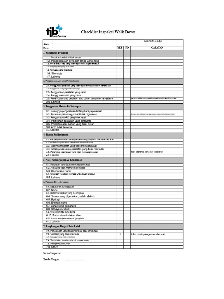 Checklist Inspeksi Keselamatan Kerja | PDF