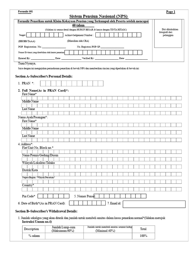 Formulir Penarikan NPS untuk Usia 60+ | PDF