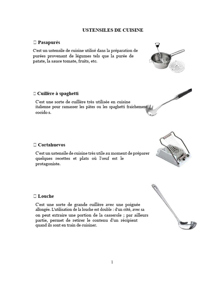 Guide des ustensiles de cuisine essentiels | PDF | sauce | Pâtes