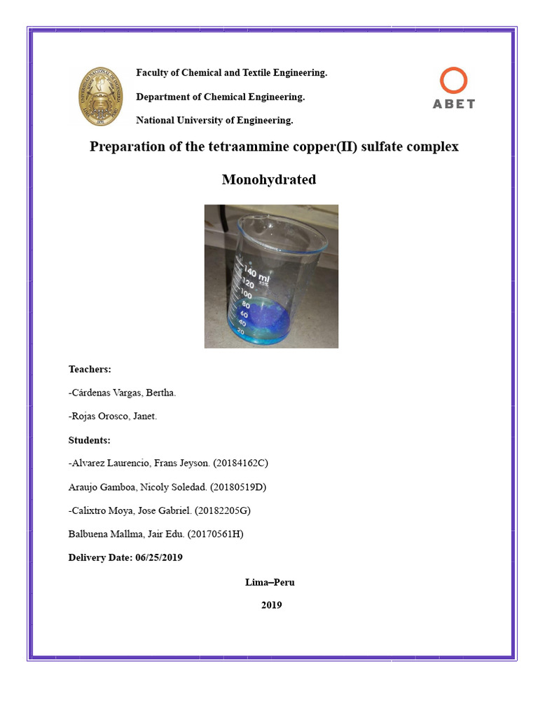 Report No. 10 Preparation of The Hydrated Complex of Tetraammine Copper ...